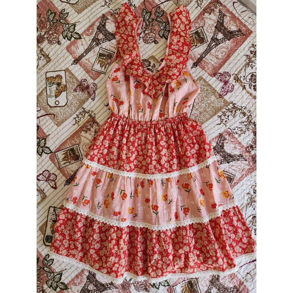 ASOS Design Open Back With Ruffle Bodice Women's Mini Dress Pink/Red Cotton Sz 4